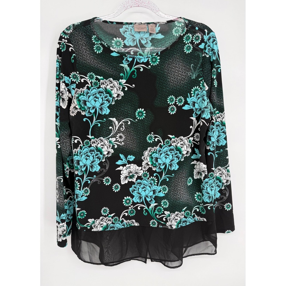 Easywear by Chicos Womens Teal Black Floral Mesh Hem Long‎ Sleeve Top Sz 1/M